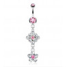 Piercing nombril pendentif double Fleur cristal rose pour femme