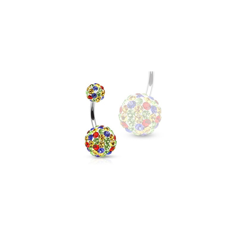 Piercing nombril femme boule de cristal multicolores