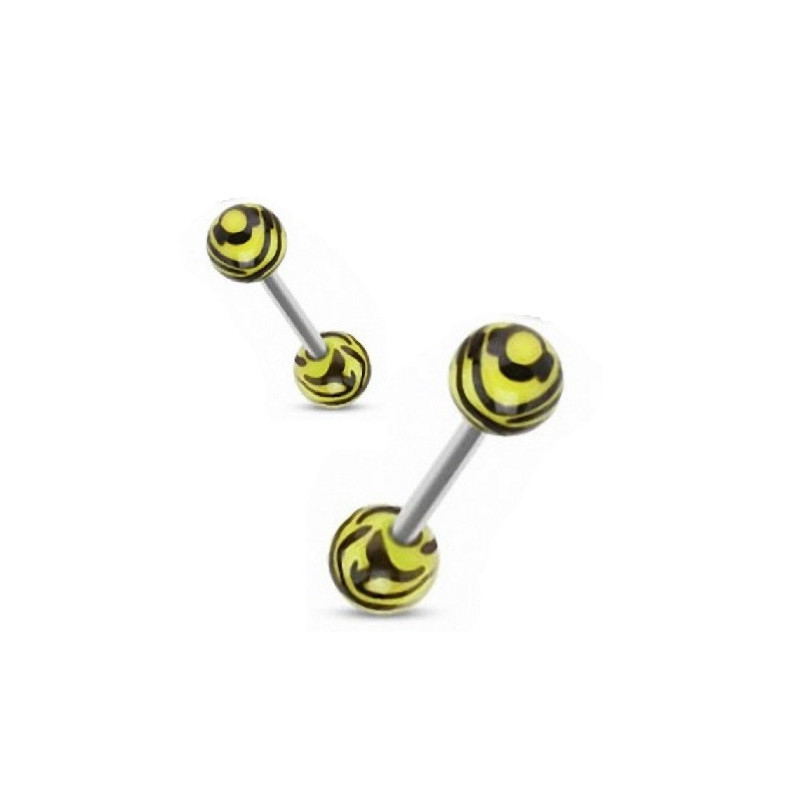 Piercing langue téton barbel bille acrylique zébré jaune fluo