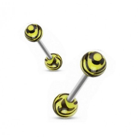 Piercing langue téton barbel bille acrylique zébré jaune fluo