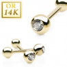 Piercing langue en Or jaune 14 carats avec bille or et cristal