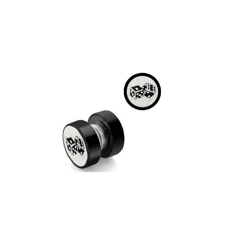 Faux plug écarteur oreille motif dé acier noir