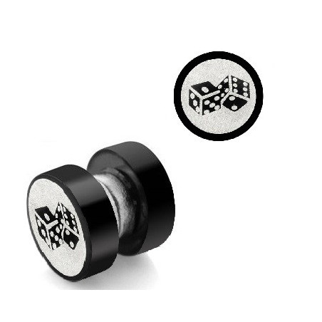 Faux plug écarteur oreille motif dé acier noir