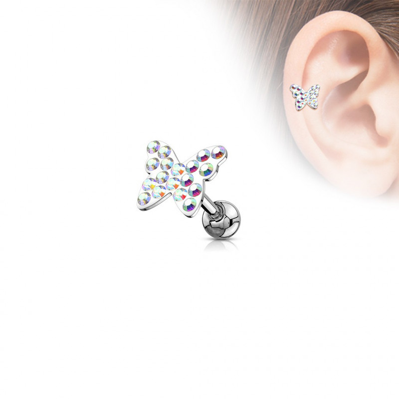 Piercing Barre De Ventre Double Papillon - Argent 925 Et Acier 316L, Pierre Cristal Zircon, Taille 14G/10mm - 8