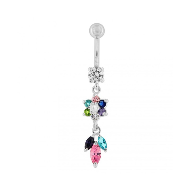 Piercing nombril argent fleur pendante multicolore Piercing nombril argent fleur pendante multicolore