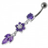 Piercing nombril argent fleur pendante cristaux violet