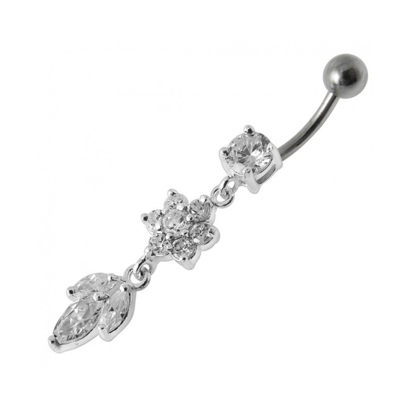 Piercing nombril argent fleur pendante cristaux claire 