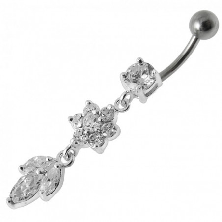 Piercing nombril argent fleur pendante cristaux claire 