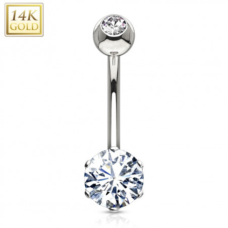 Piercing nombril en or blanc 14 carats et d'un cristal griffé de 6 mm.