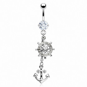 Piercing nombril ancre et gouvernail strass blanc