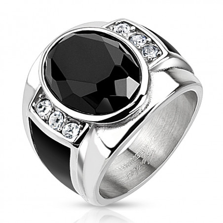 Bague acier inoxydable pierre imitation onyx