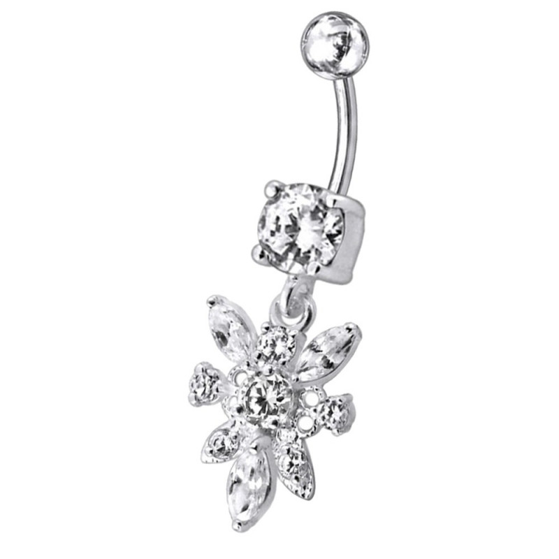 Piercing nombril fleur pendante argent cristal blanc Piercing nombril fleur pendante argent cristal blanc