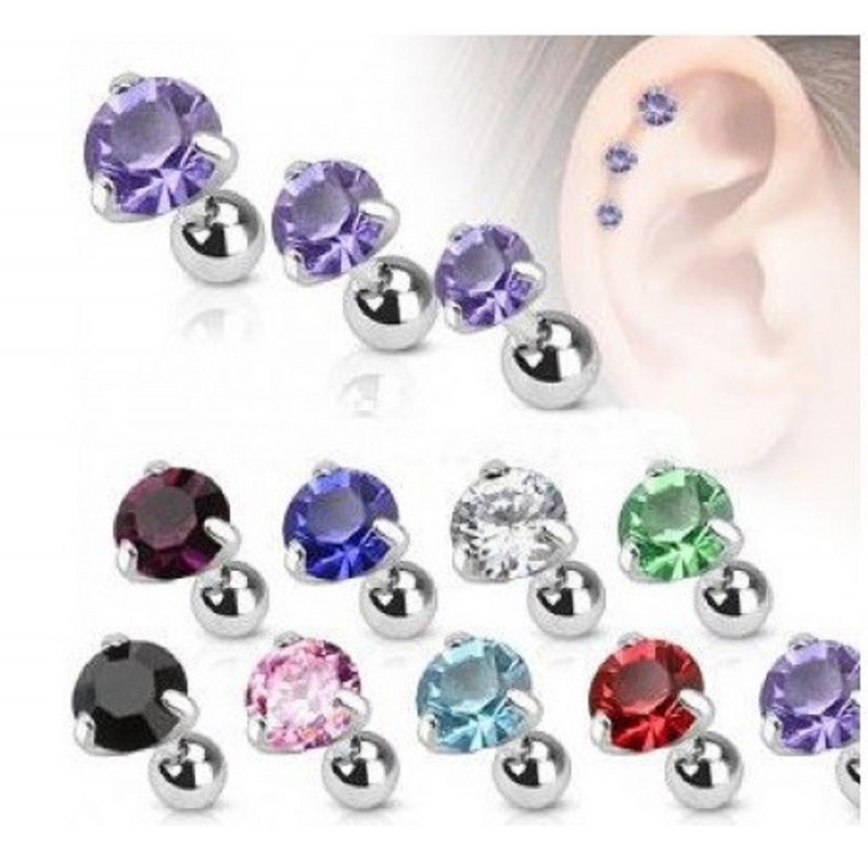 Piercing oreille hélix tragus cristal violet 3 griffe barre acier chirurgical pas cher