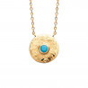 Collier plaqué or pendentif rond turquoise 45cm