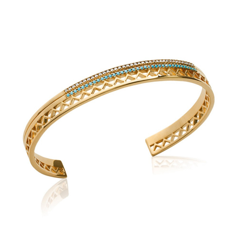 Bracelet ouvert plaqué or strass turquoise et blanc 56mm