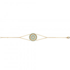 Bracelet plaqué or avec médaillon rond et strass turquoise 18cm