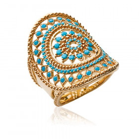 Bague en Plaqué Or et Pierres Bleu Turquoise - Large 29 mm - Arabesque Soleil Filigrane