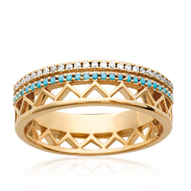 Bague En Plaqué Or Ajourée Avec Strass Bicolores - Taille 54 - Occasion
