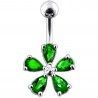 Piercing nombril argent avec fleur cinq pétale cristaux vert émeraude
