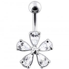 Piercing nombril argent avec fleur cinq pétale cristaux blanc diamant