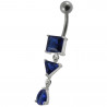 Piercing nombril argent pendant carré triangle goute cristaux bleu roi