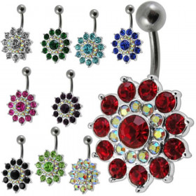 Piercing nombril argent massif fleur cristal barre acier chirurgical