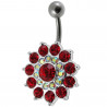 Piercing nombril argent massif fleur pétales cristaux rouge barre acier chirurgical