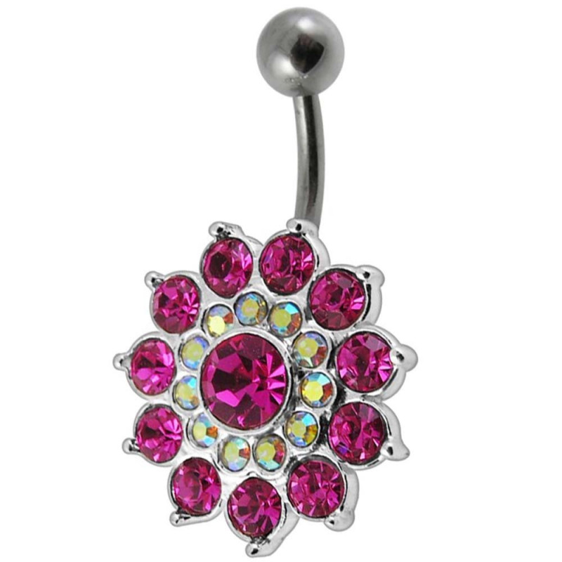 Piercing nombril argent massif fleur pétales cristaux rose barre acier chirurgical Piercing nombril argent massif fleur pétales cristaux rose barre acier chirurgical