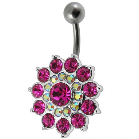 Piercing nombril argent massif fleur pétales cristaux rose barre acier chirurgical