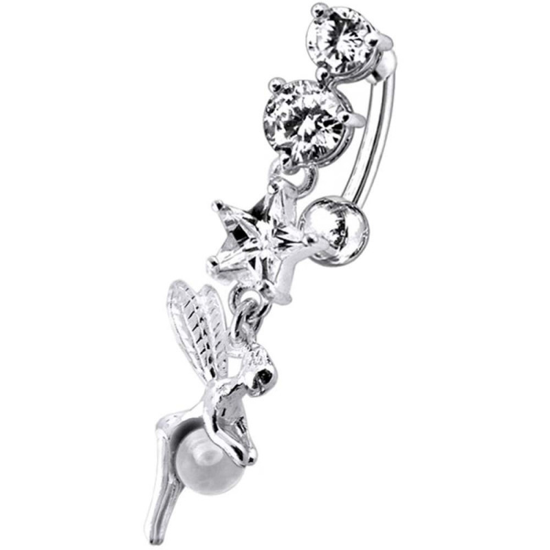 Piercing nombril fée inversé argent cristaux blanc diamant Piercing nombril fée inversé argent cristaux blanc diamant