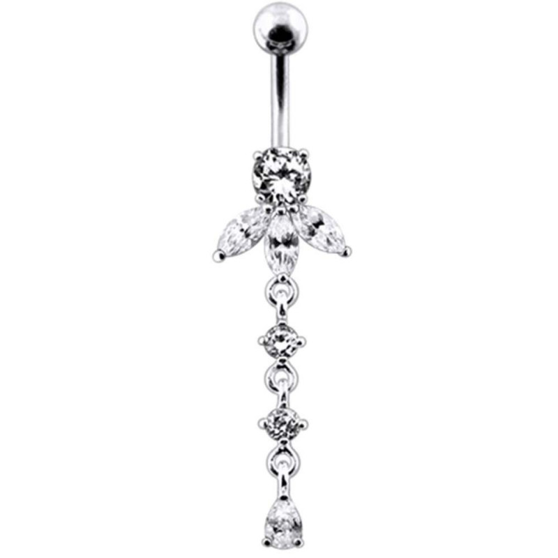 Piercing nombril argent fleur orchidée pendant cristaux couleur blanc diamant Piercing nombril argent fleur orchidée pendant cristaux couleur blanc diamant
