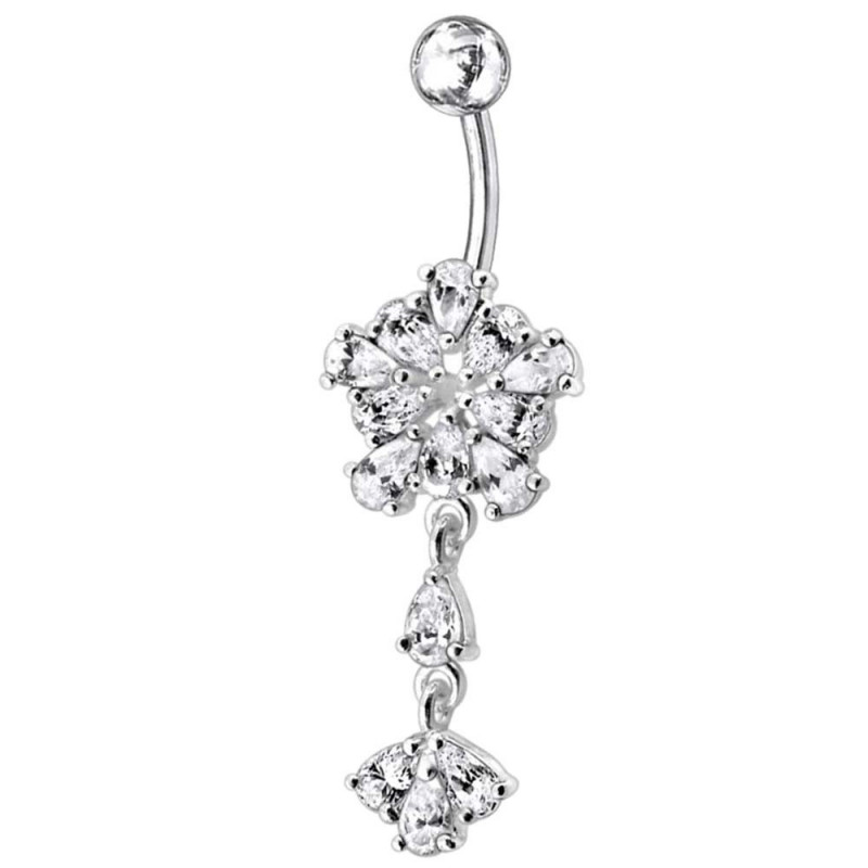 Piercing nombril fleur argent pendante articulé strass couleur blanc diamant Piercing nombril fleur argent pendante articulé strass couleur blanc diamant