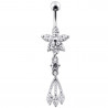 Piercing nombril fleur pendante en argent 925 et tige acier chirurgical strass blanc diamant