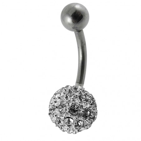 Piercing nombril boule argent et cristaux couleur blanc diamant