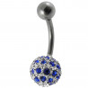 Piercing nombril boule argent et cristaux couleur bleu
