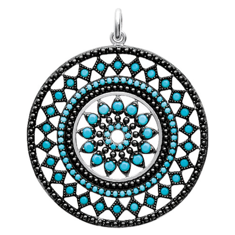 Pendentif mandala rond en Argent 925 sertis de strass turquoise