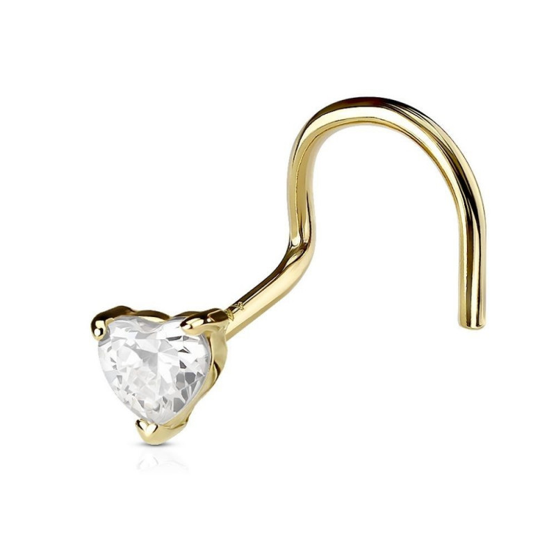 piercing nez coeur clair en or véritable tige tire bouchon