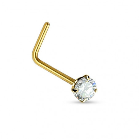 piercing nez or 14 carats forme L discret strass blanc