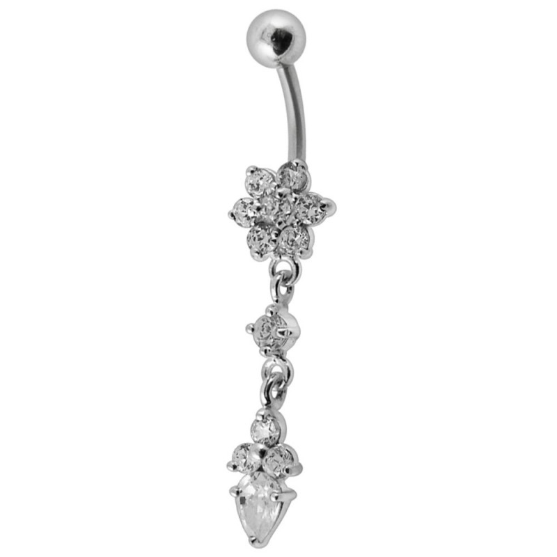 Piercing nombril argent pendant mini fleur cristal blanc