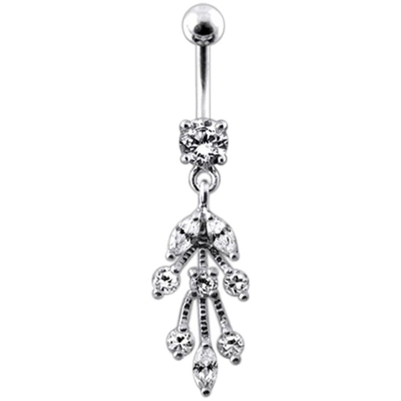 piercing nombril argent feuille cristal pendante strass blanc