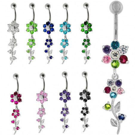 Piercing nombril argent fleur pendante cristal