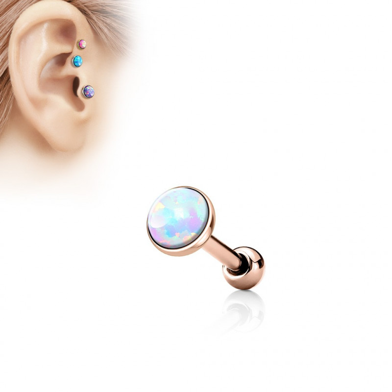 Piercing oreille acier chirurgical couleur or rose avec opale