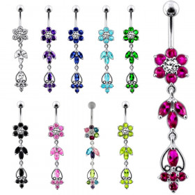 long piercing nombril argent fleur cristal