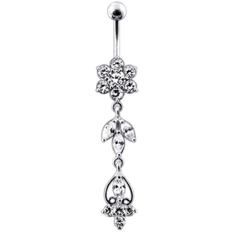 long piercing nombril argent fleur cristal blanc long piercing nombril argent fleur cristal blanc