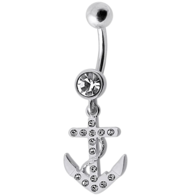 Piercing nombril ancre argent strass blanc Piercing nombril ancre argent strass blanc