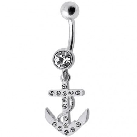 Piercing nombril ancre argent strass blanc