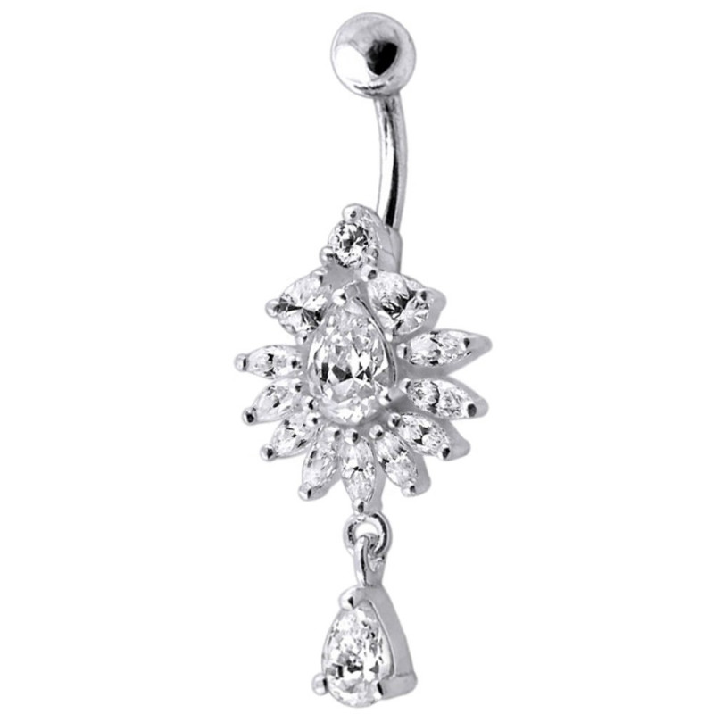 Piercing nombril argent goutte pendante strass blanc diamant Piercing nombril argent goutte pendante strass blanc diamant