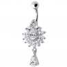 Piercing nombril argent goutte pendante strass blanc diamant