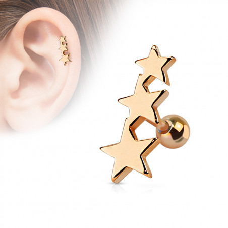 Piercing oreille Triple étoiles acier couleur or rose