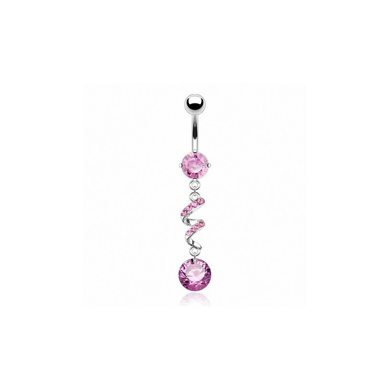 Piercing nombril acier chirurgical inox pendant twist cristal rose